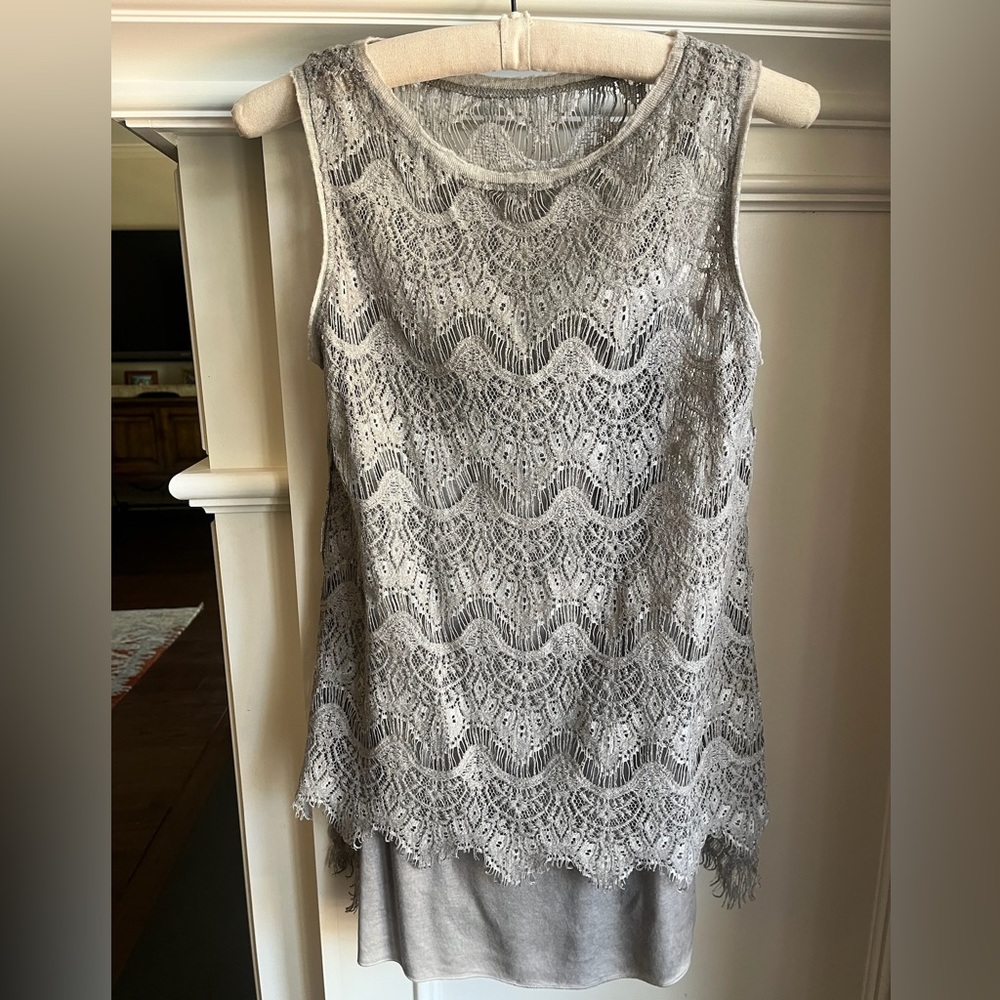 Gray Lace Tank Top with Scalloped Neckline